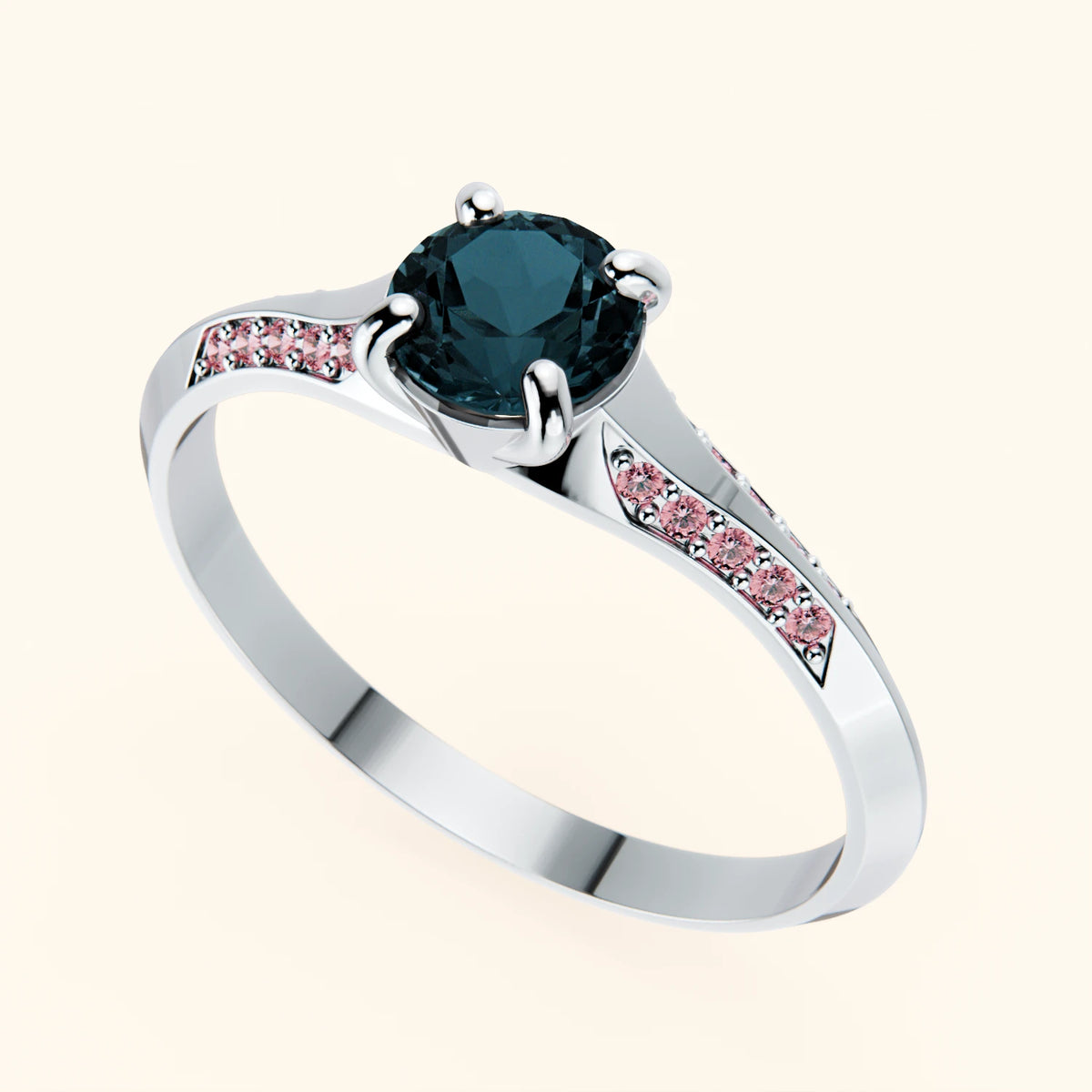 Pierścionek zaręczynowy Délié – Topaz London Blue 0,50 ct, kamienie boczne: różowy diament laboratoryjny