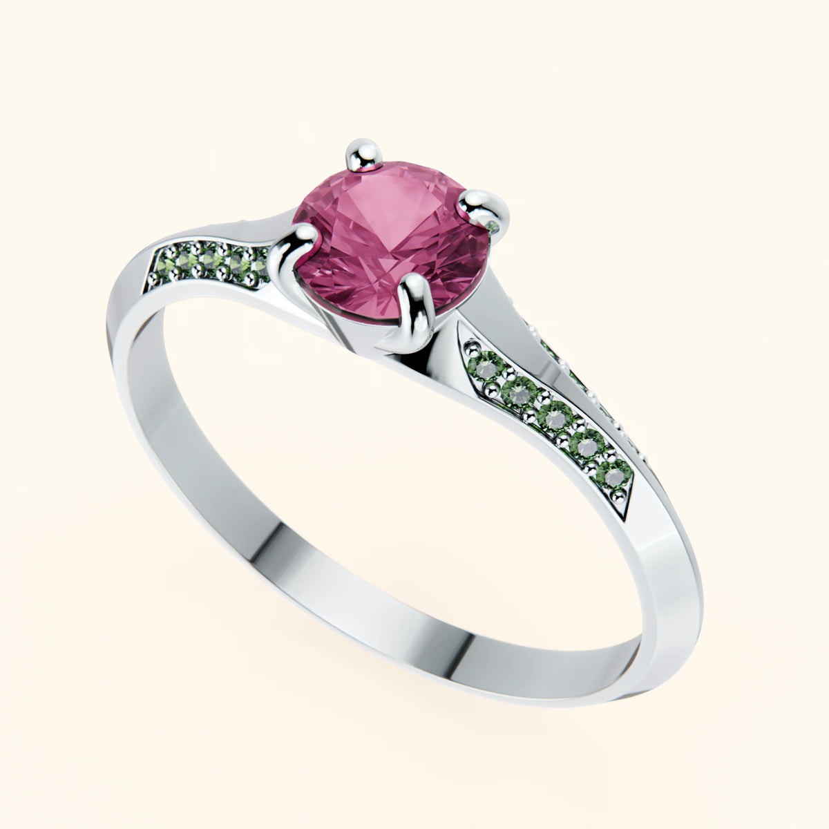 Engagement Ring Délié - 0.60ct Natural Pink Sapphire with Lab Green Diamond Side Stones