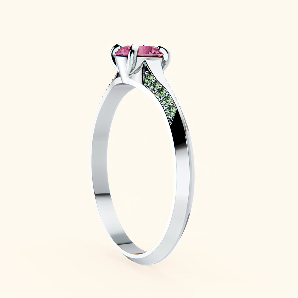 Engagement Ring Délié - 0.60ct Natural Pink Sapphire with Lab Green Diamond Side Stones