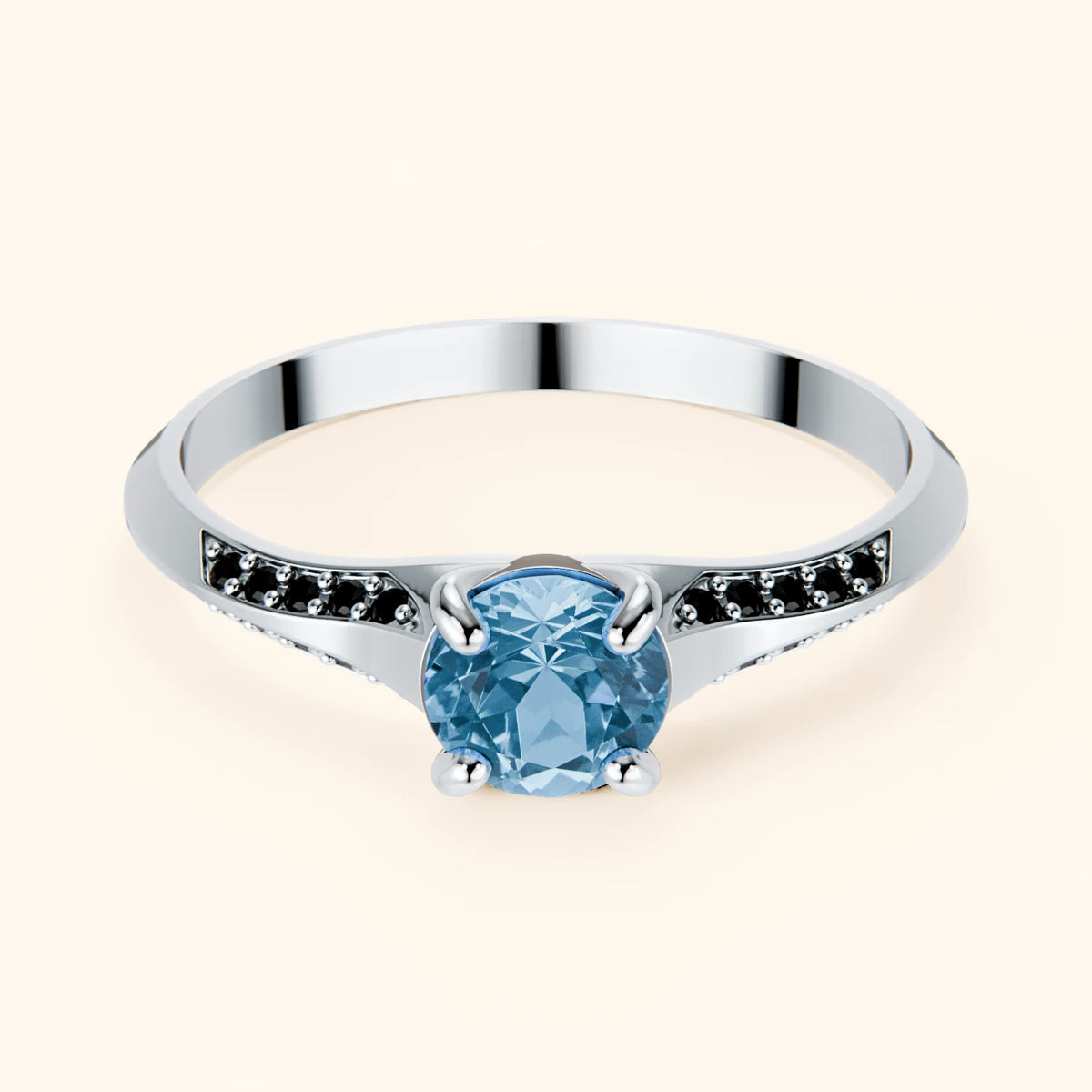 Pierścionek zaręczynowy Délié – Topaz Swiss Blue 0,50 ct, kamienie boczne: czarny diament
