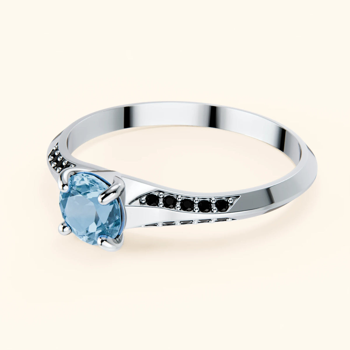 Pierścionek zaręczynowy Délié – Topaz Swiss Blue 0,50 ct, kamienie boczne: czarny diament