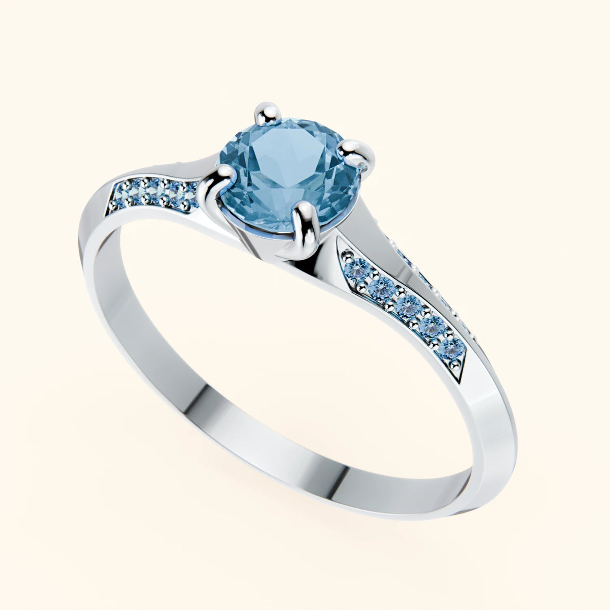 Pierścionek zaręczynowy Délié – Topaz Swiss Blue 0,50 ct, kamienie boczne: niebieski diament laboratoryjny