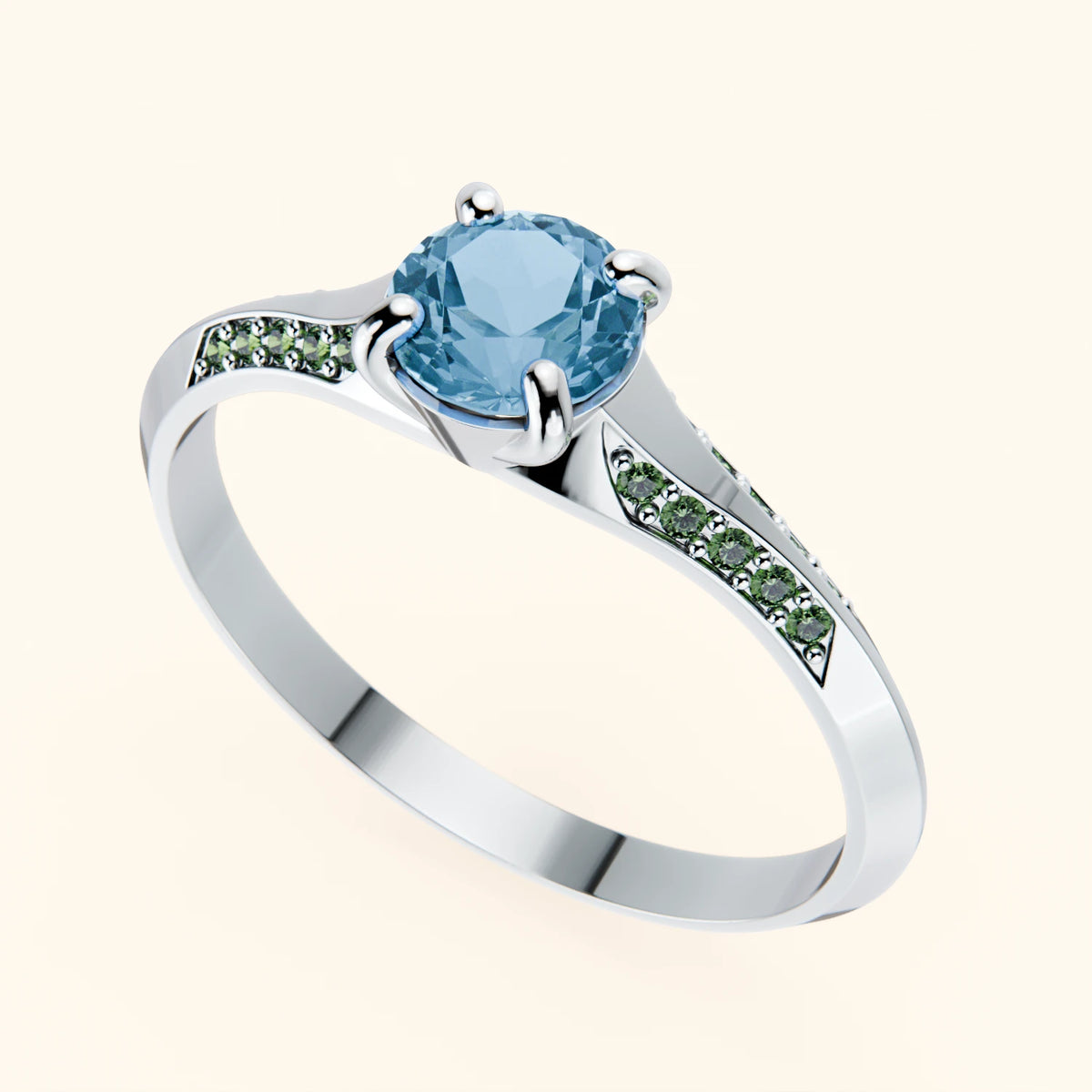 Engagement Ring Délié - 0.50ct Swiss Blue Topaz with Lab Green Diamond Side Stones