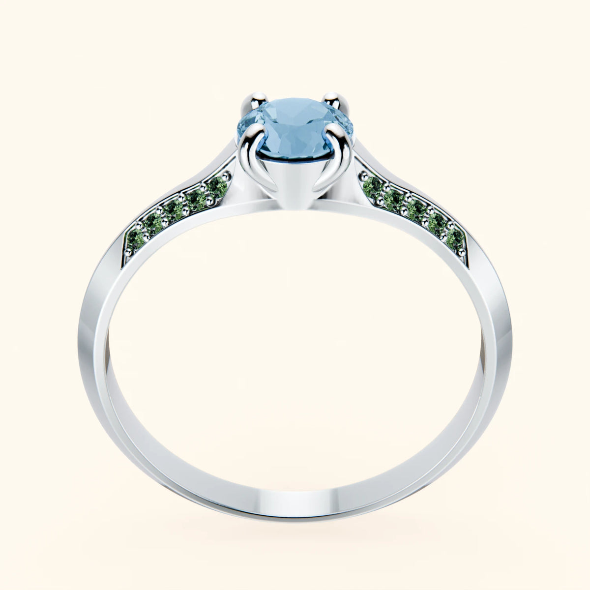 Engagement Ring Délié - 0.50ct Swiss Blue Topaz with Lab Green Diamond Side Stones