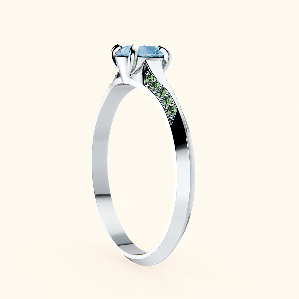 Engagement Ring Délié - 0.50ct Swiss Blue Topaz with Lab Green Diamond Side Stones