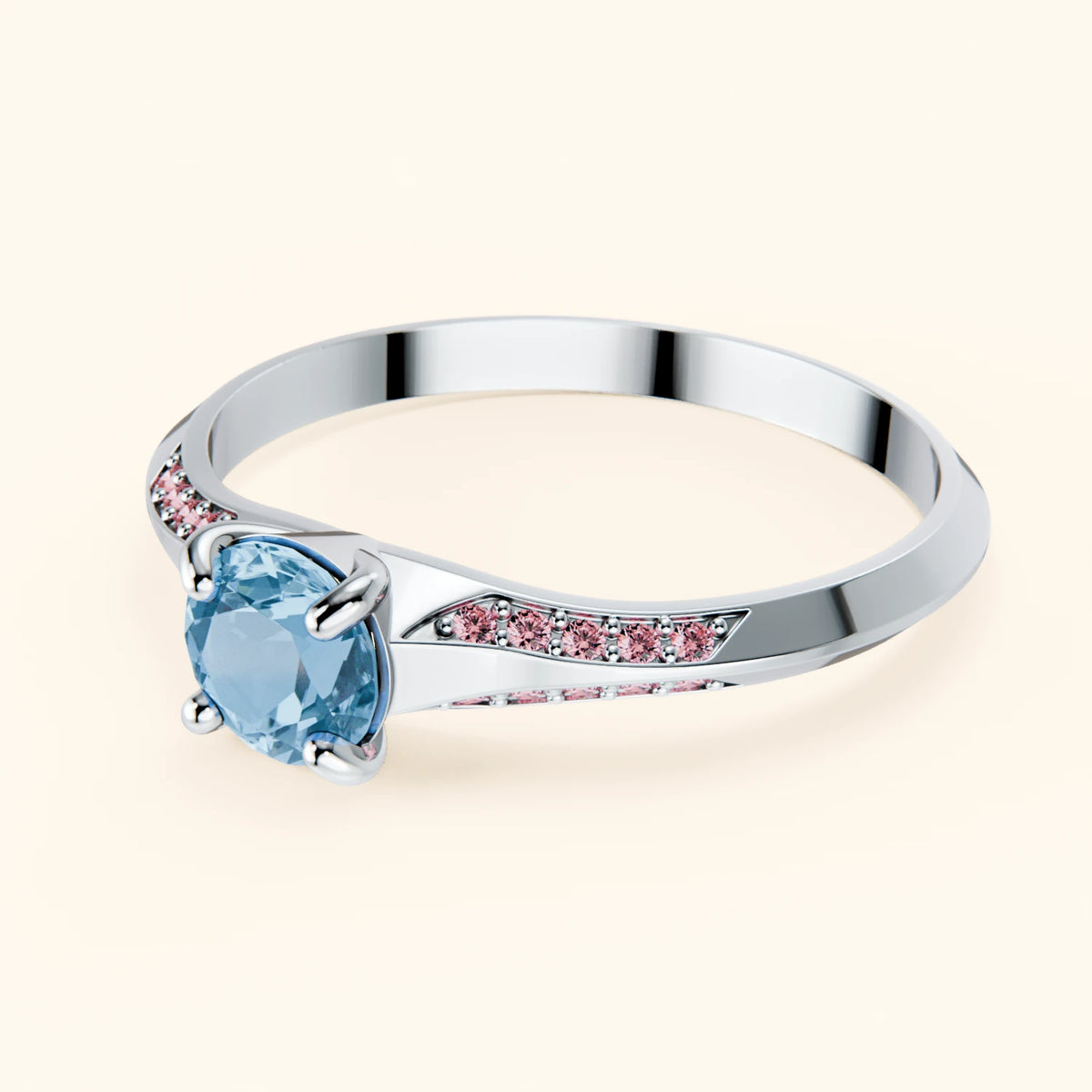 Engagement Ring Délié - 0.50ct Swiss Blue Topaz with Lab Pink Diamond Side Stones