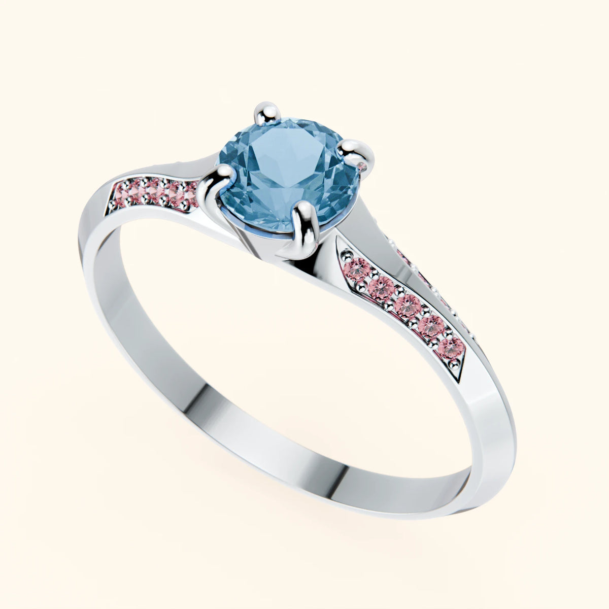 Engagement Ring Délié - 0.50ct Swiss Blue Topaz with Lab Pink Diamond Side Stones
