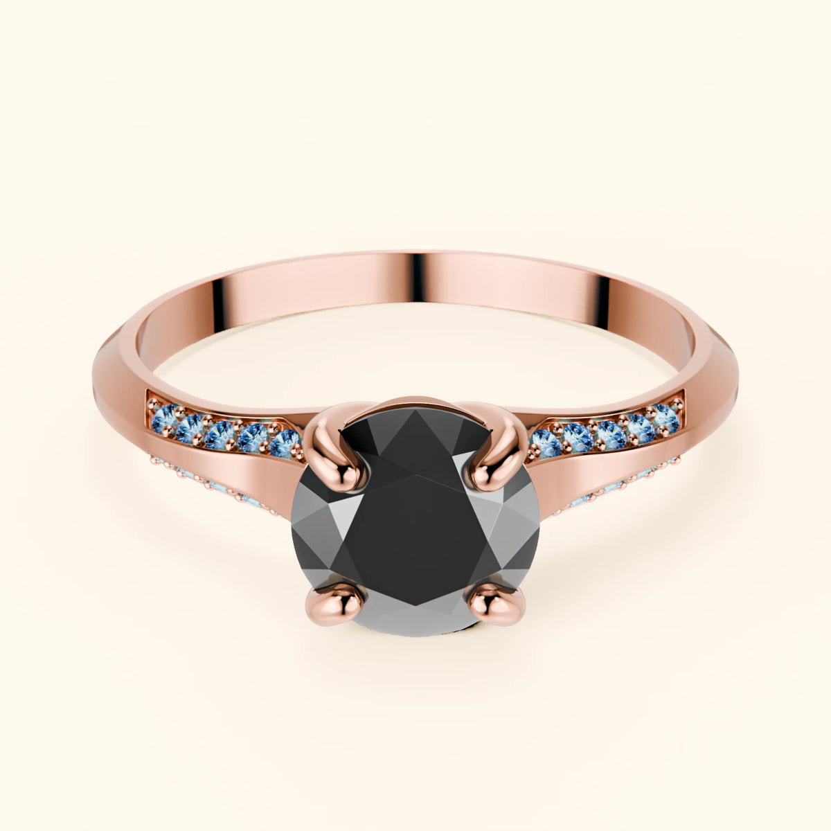 Engagement Ring Délié - 1ct Black Diamond with Lab Blue Diamond Side Stones