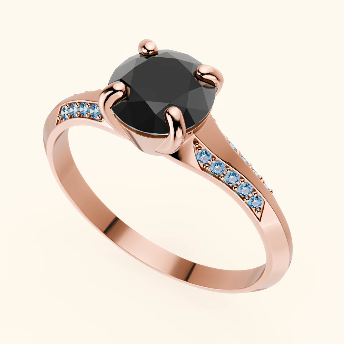 Engagement Ring Délié - 1ct Black Diamond with Lab Blue Diamond Side Stones