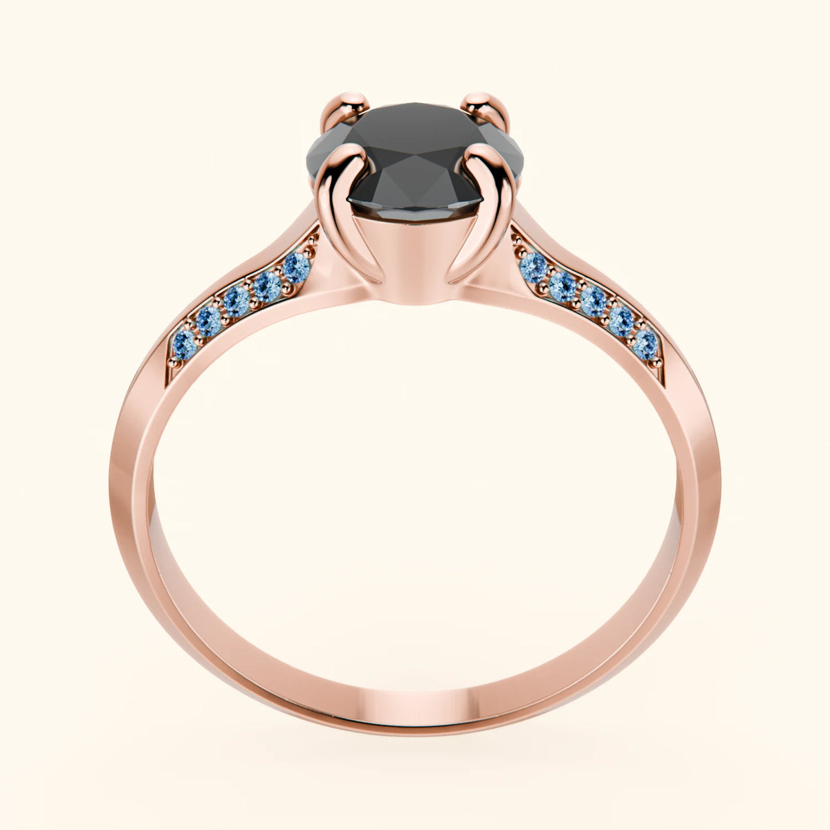 Engagement Ring Délié - 1ct Black Diamond with Lab Blue Diamond Side Stones