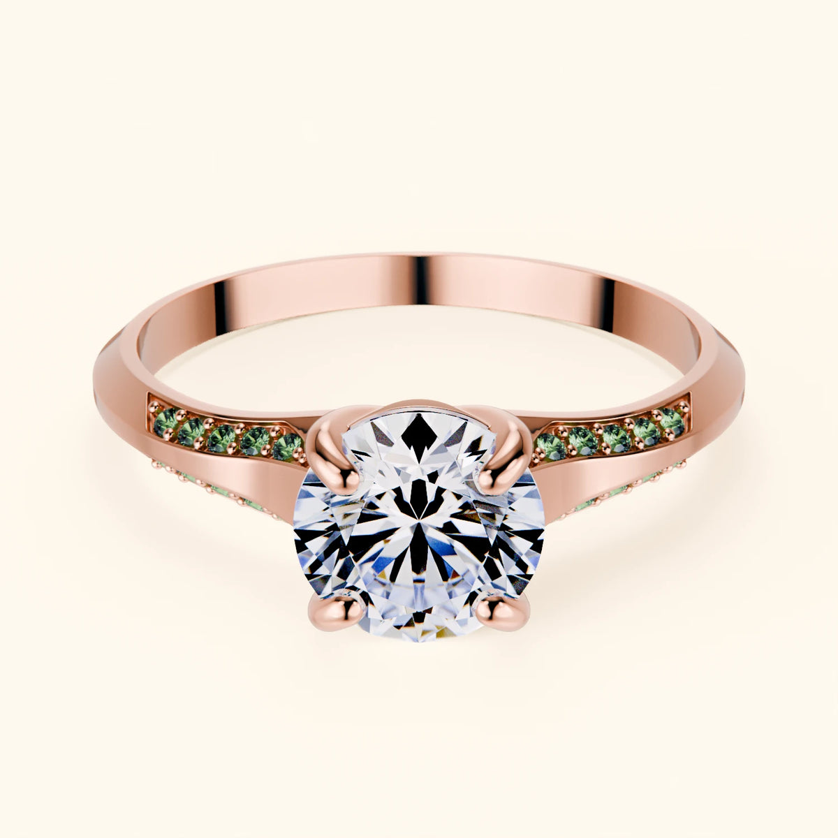 Engagement Ring Délié - 1ct Lab Diamond with Lab Green Diamond Side Stones