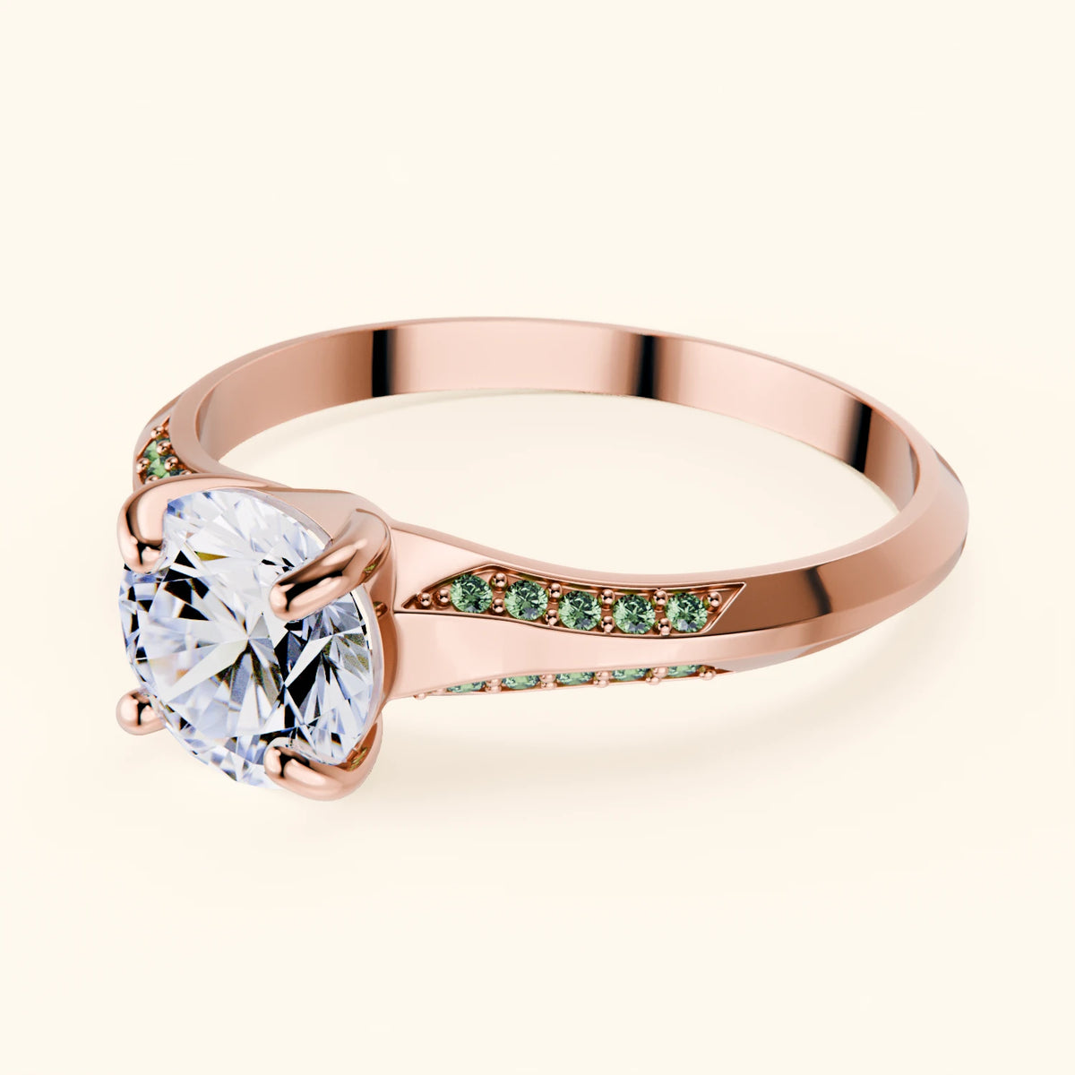 Engagement Ring Délié - 1ct Lab Diamond with Lab Green Diamond Side Stones