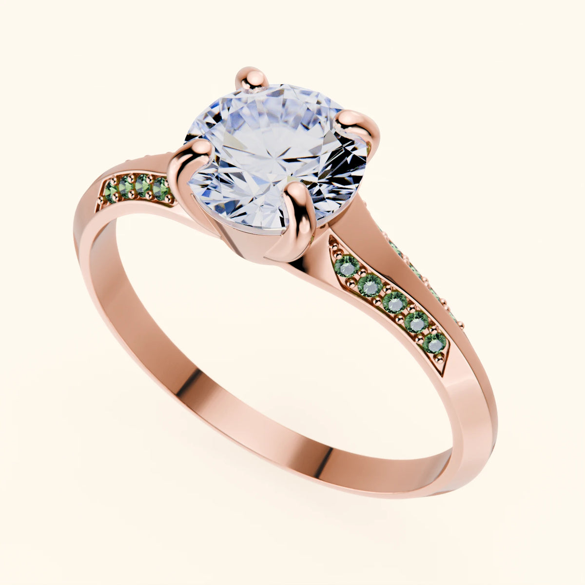 Engagement Ring Délié - 1ct Lab Diamond with Lab Green Diamond Side Stones