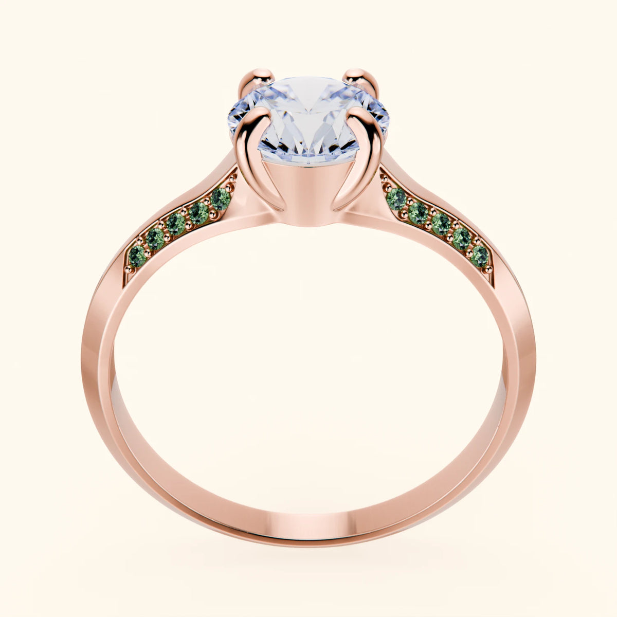 Engagement Ring Délié - 1ct Lab Diamond with Lab Green Diamond Side Stones