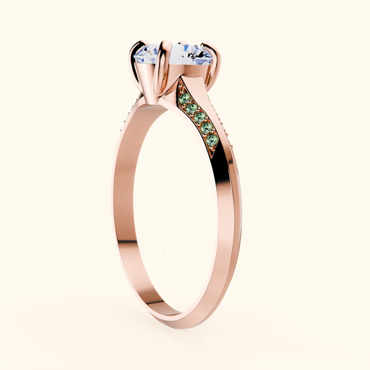 Engagement Ring Délié - 1ct Lab Diamond with Lab Green Diamond Side Stones