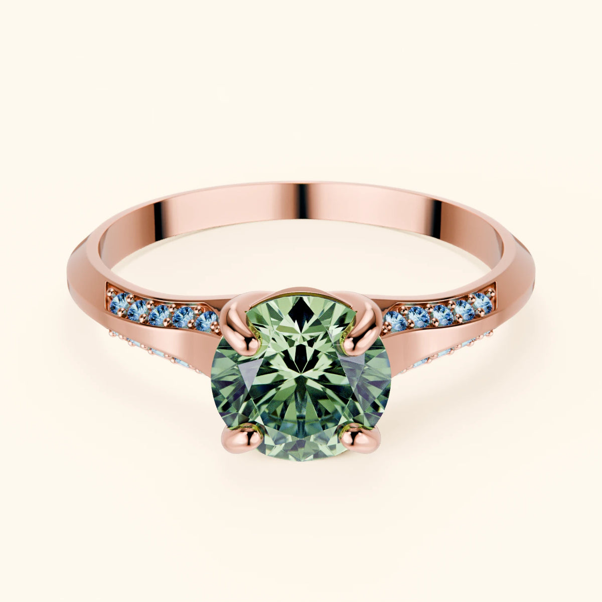 Engagement Ring Délié - 1ct Lab Green Diamond with Lab Blue Diamond Side Stones