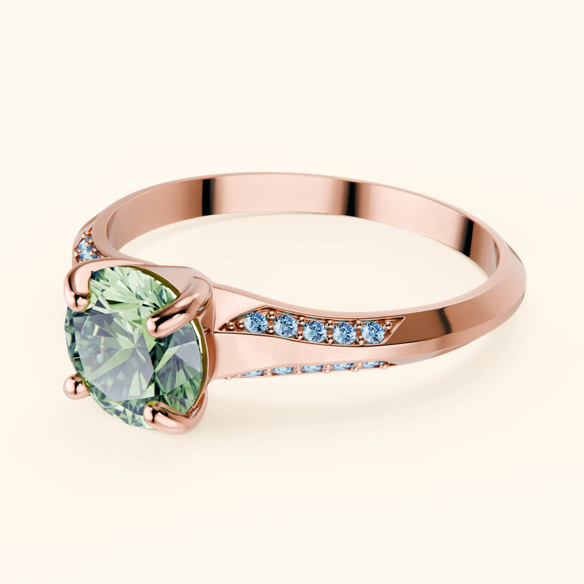 Engagement Ring Délié - 1ct Lab Green Diamond with Lab Blue Diamond Side Stones