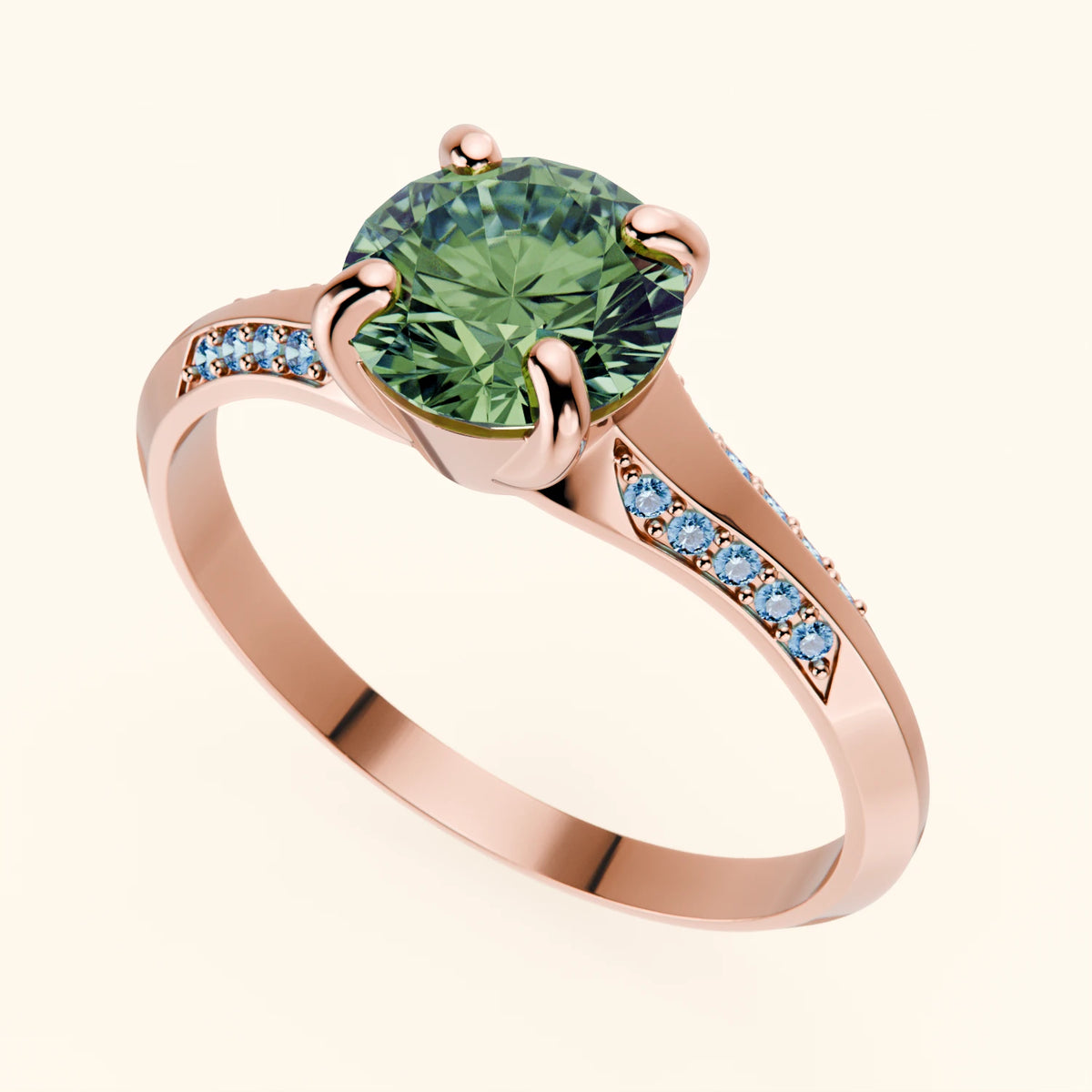 Engagement Ring Délié - 1ct Lab Green Diamond with Lab Blue Diamond Side Stones