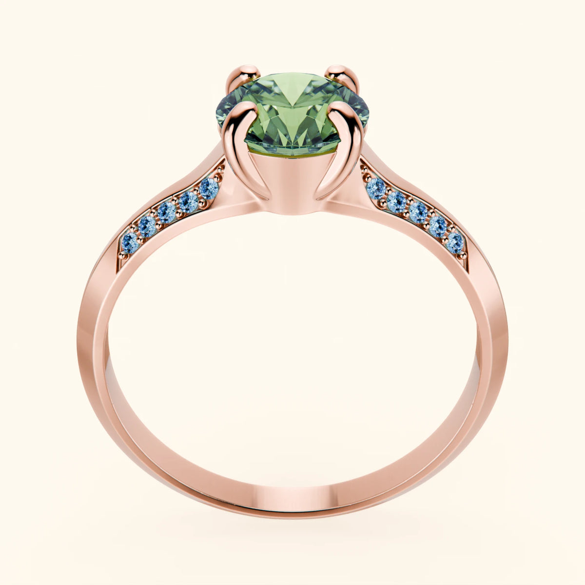Engagement Ring Délié - 1ct Lab Green Diamond with Lab Blue Diamond Side Stones