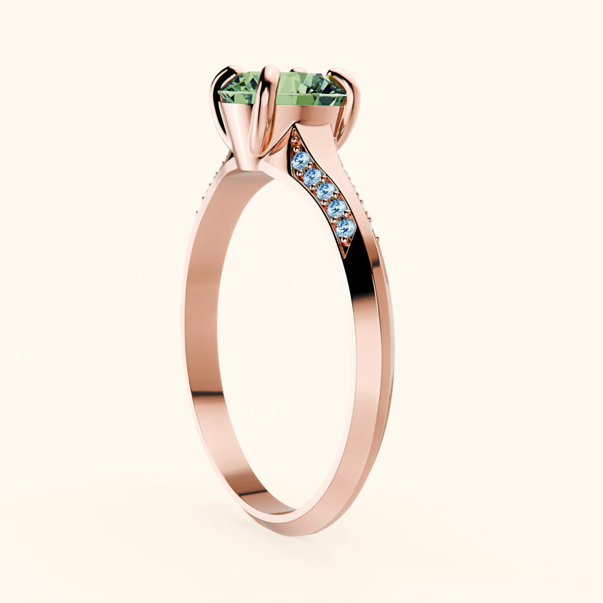 Engagement Ring Délié - 1ct Lab Green Diamond with Lab Blue Diamond Side Stones