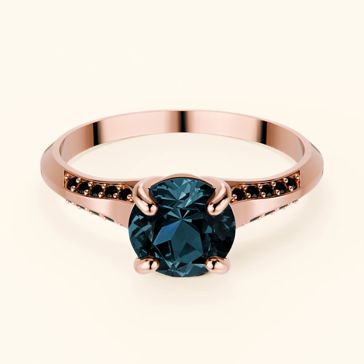 Pierścionek zaręczynowy Délié – Topaz London Blue 0,85 ct, kamienie boczne: czarny diament