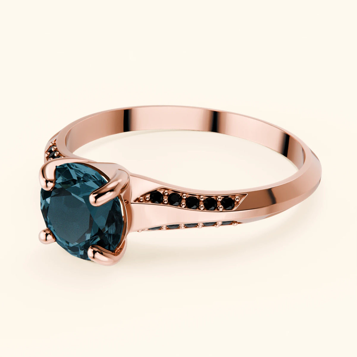 Pierścionek zaręczynowy Délié – Topaz London Blue 0,85 ct, kamienie boczne: czarny diament