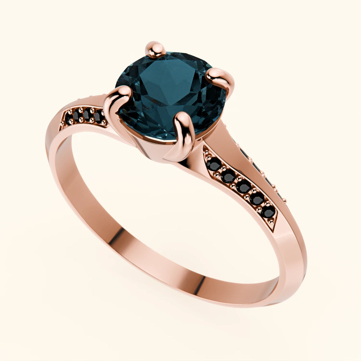 Pierścionek zaręczynowy Délié – Topaz London Blue 0,85 ct, kamienie boczne: czarny diament