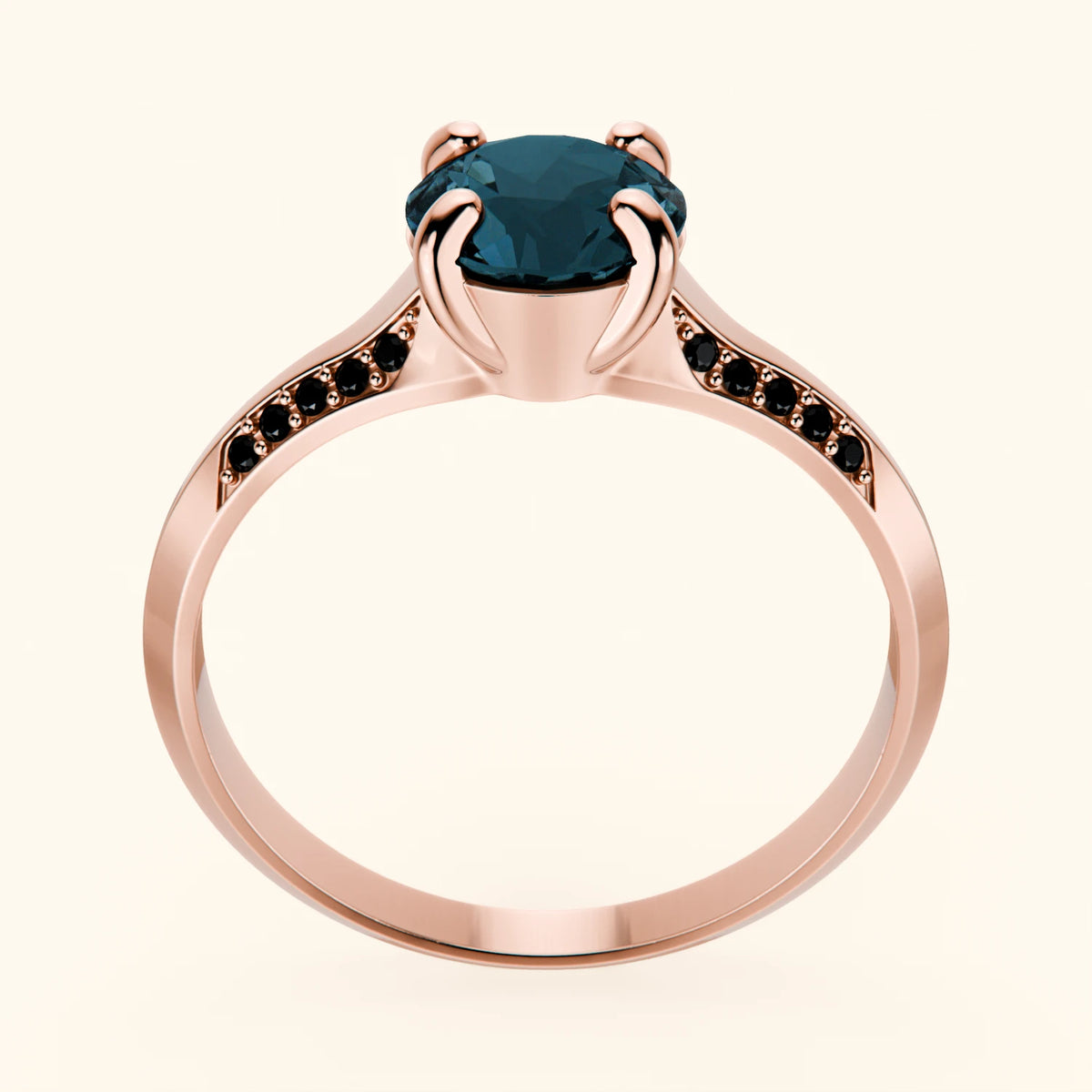 Pierścionek zaręczynowy Délié – Topaz London Blue 0,85 ct, kamienie boczne: czarny diament