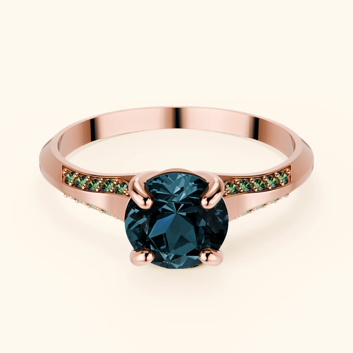 Pierścionek zaręczynowy Délié – Topaz London Blue 0,85 ct, kamienie boczne: zielony diament laboratoryjny