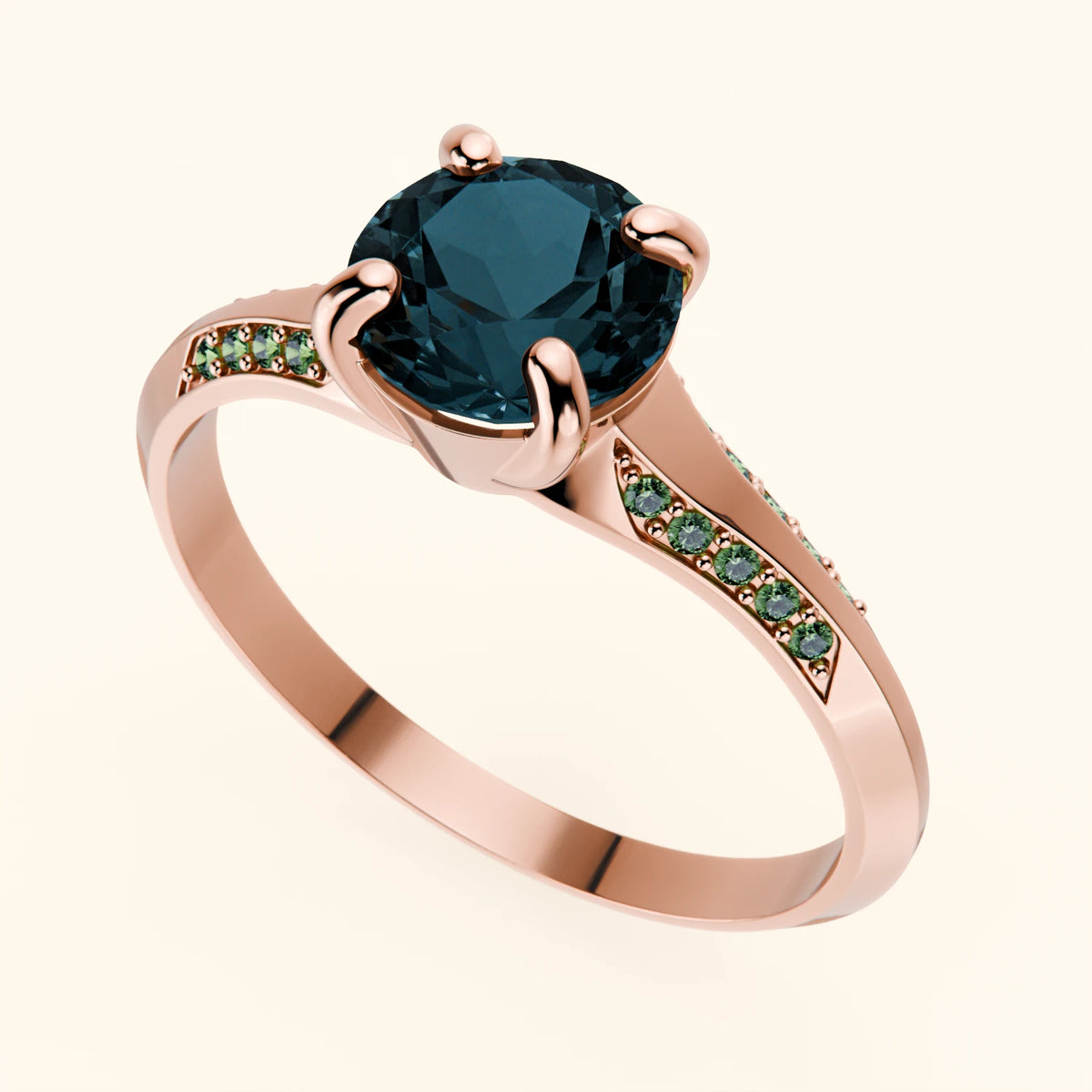Pierścionek zaręczynowy Délié – Topaz London Blue 0,85 ct, kamienie boczne: zielony diament laboratoryjny