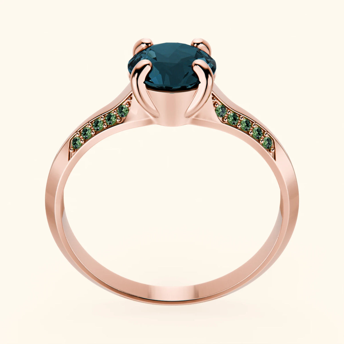 Pierścionek zaręczynowy Délié – Topaz London Blue 0,85 ct, kamienie boczne: zielony diament laboratoryjny