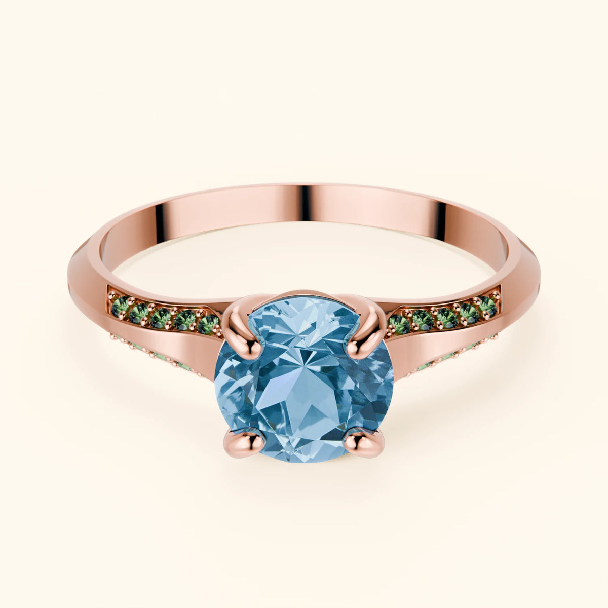 Engagement Ring Délié - 0.85ct Swiss Blue Topaz with Lab Green Diamond Side Stones