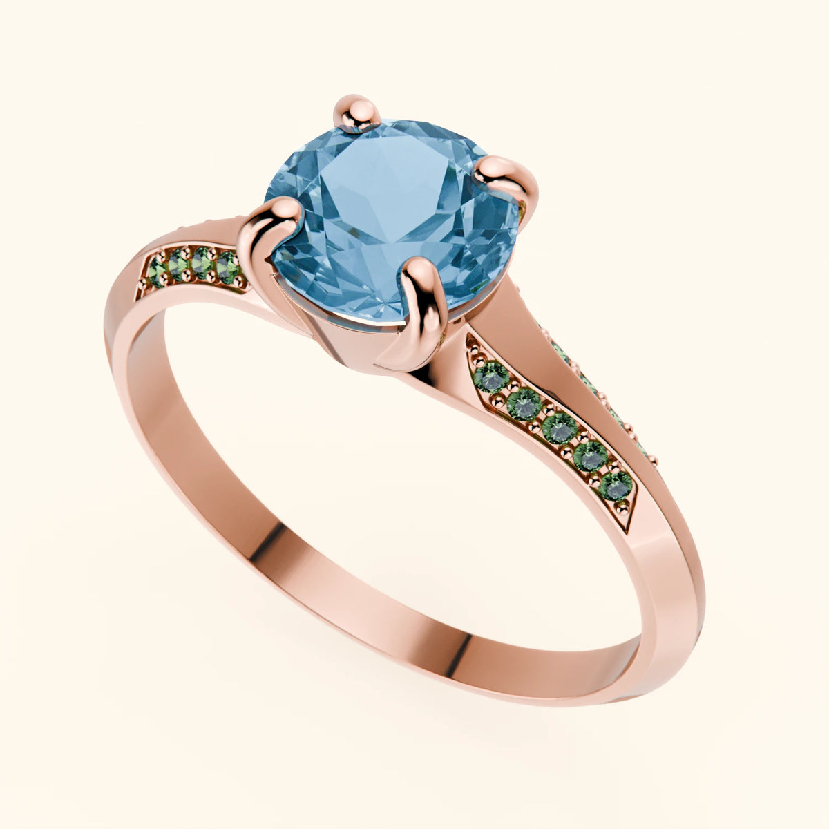 Engagement Ring Délié - 0.85ct Swiss Blue Topaz with Lab Green Diamond Side Stones