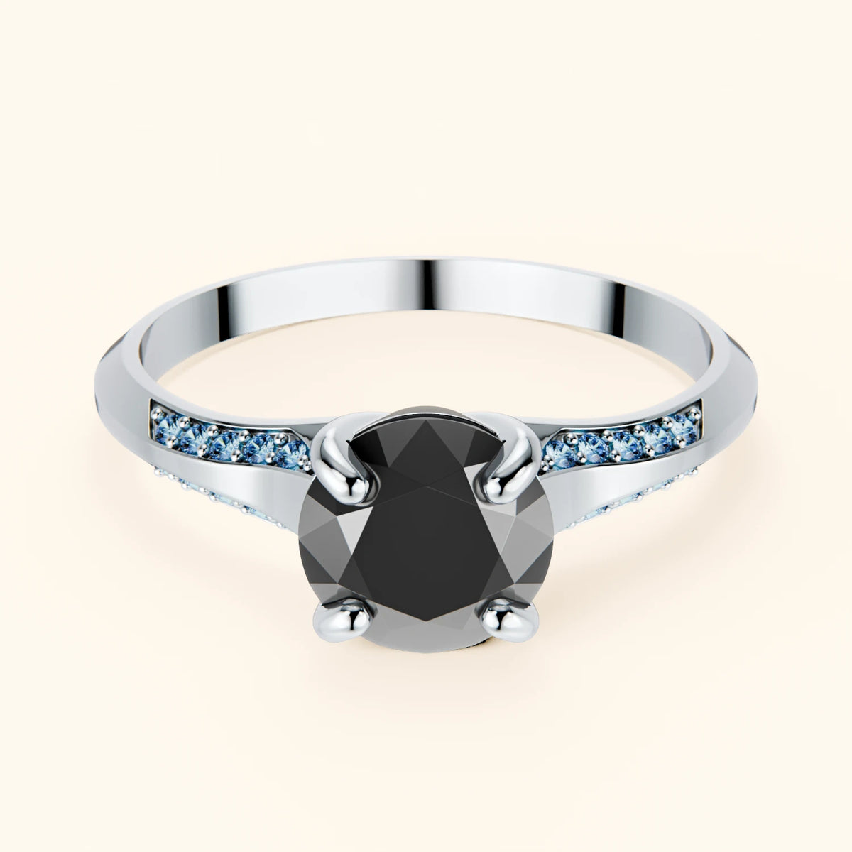 Engagement Ring Délié - 1ct Black Diamond with Lab Blue Diamond Side Stones