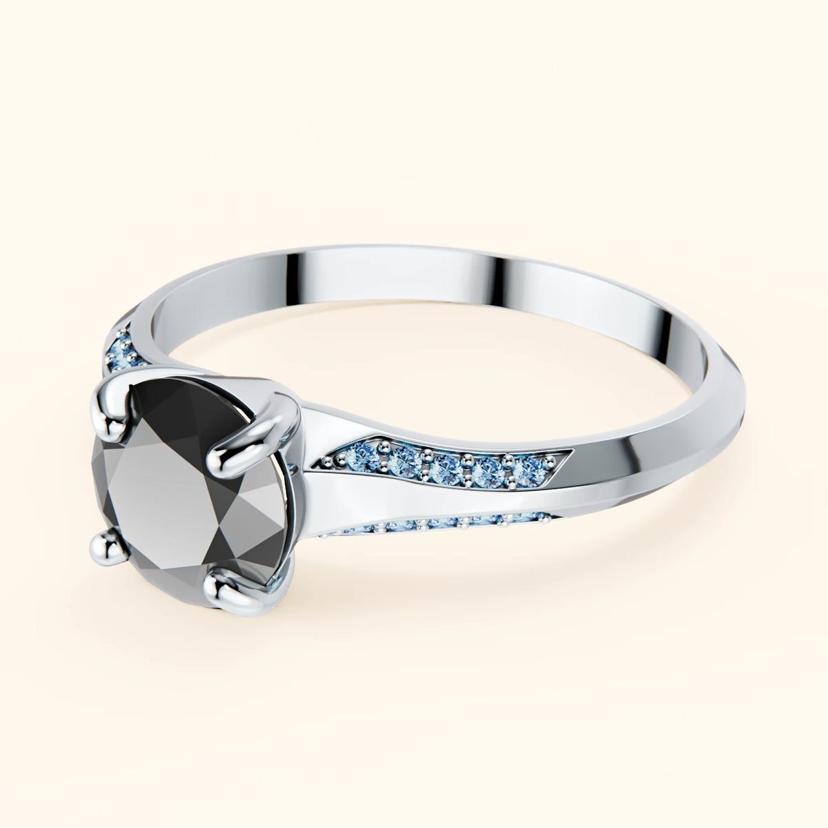 Engagement Ring Délié - 1ct Black Diamond with Lab Blue Diamond Side Stones
