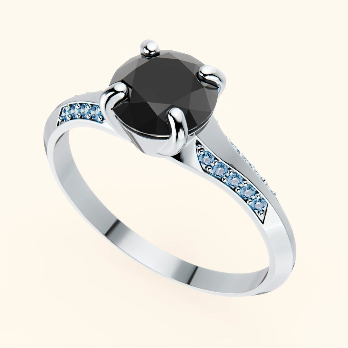 Engagement Ring Délié - 1ct Black Diamond with Lab Blue Diamond Side Stones