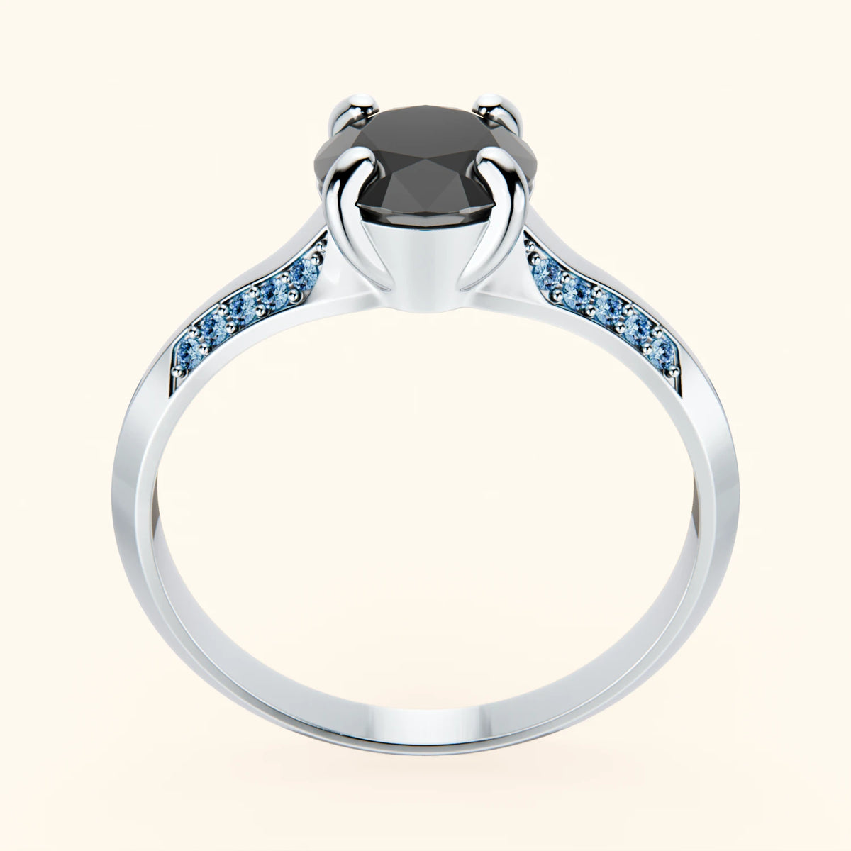 Engagement Ring Délié - 1ct Black Diamond with Lab Blue Diamond Side Stones