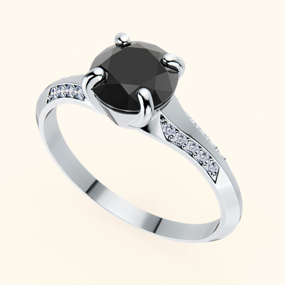 Engagement Ring Délié - 1ct Black Diamond with Natural Diamond Side Stones
