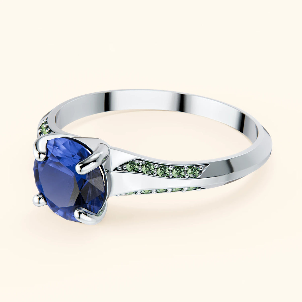 Engagement Ring Délié - 1.10ct Natural Blue Sapphire with Lab Green Diamond Side Stones