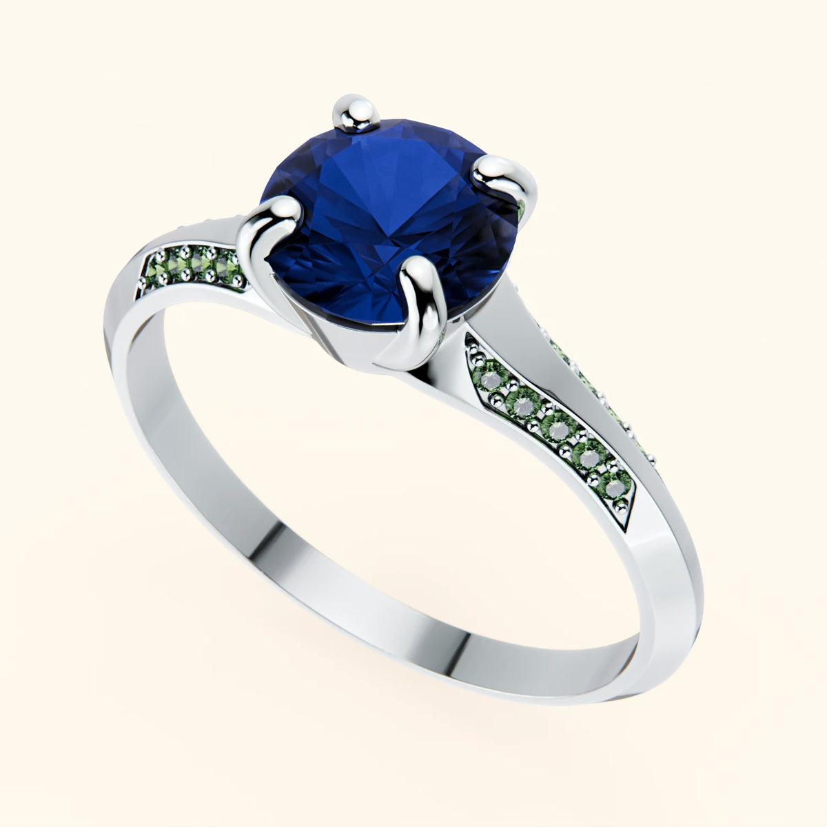 Engagement Ring Délié - 1.10ct Natural Blue Sapphire with Lab Green Diamond Side Stones