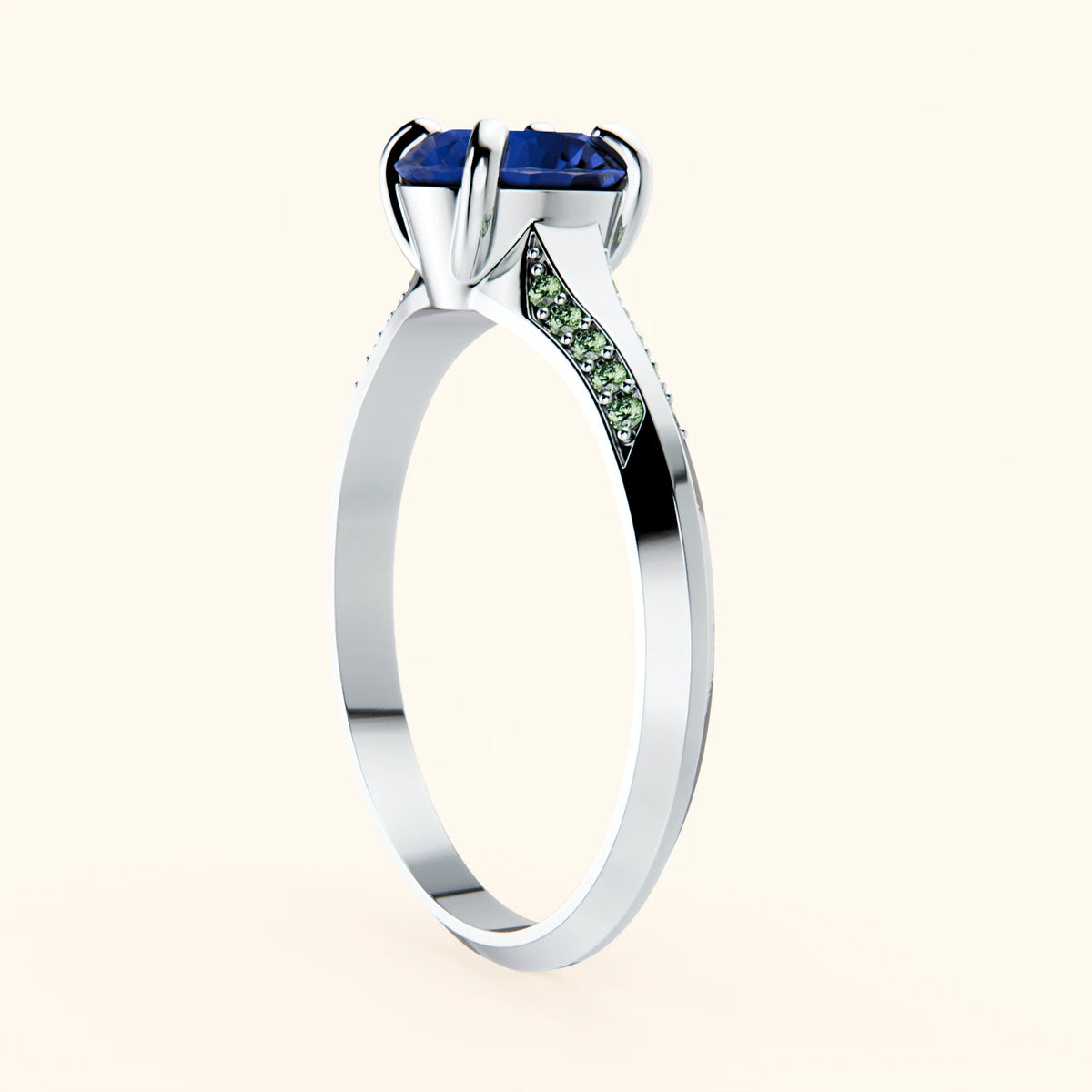 Engagement Ring Délié - 1.10ct Natural Blue Sapphire with Lab Green Diamond Side Stones