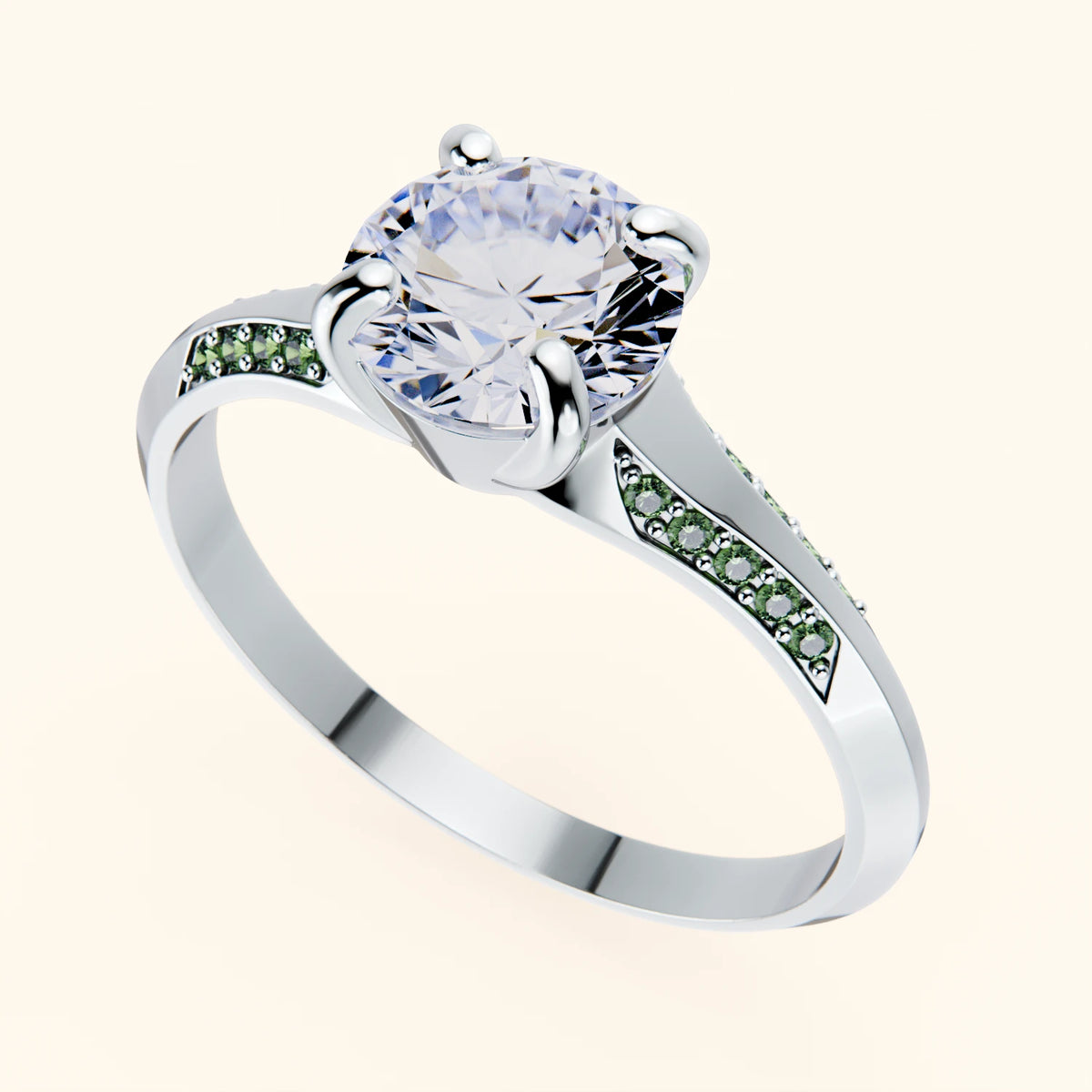 Engagement Ring Délié - 1ct Lab Diamond with Lab Green Diamond Side Stones