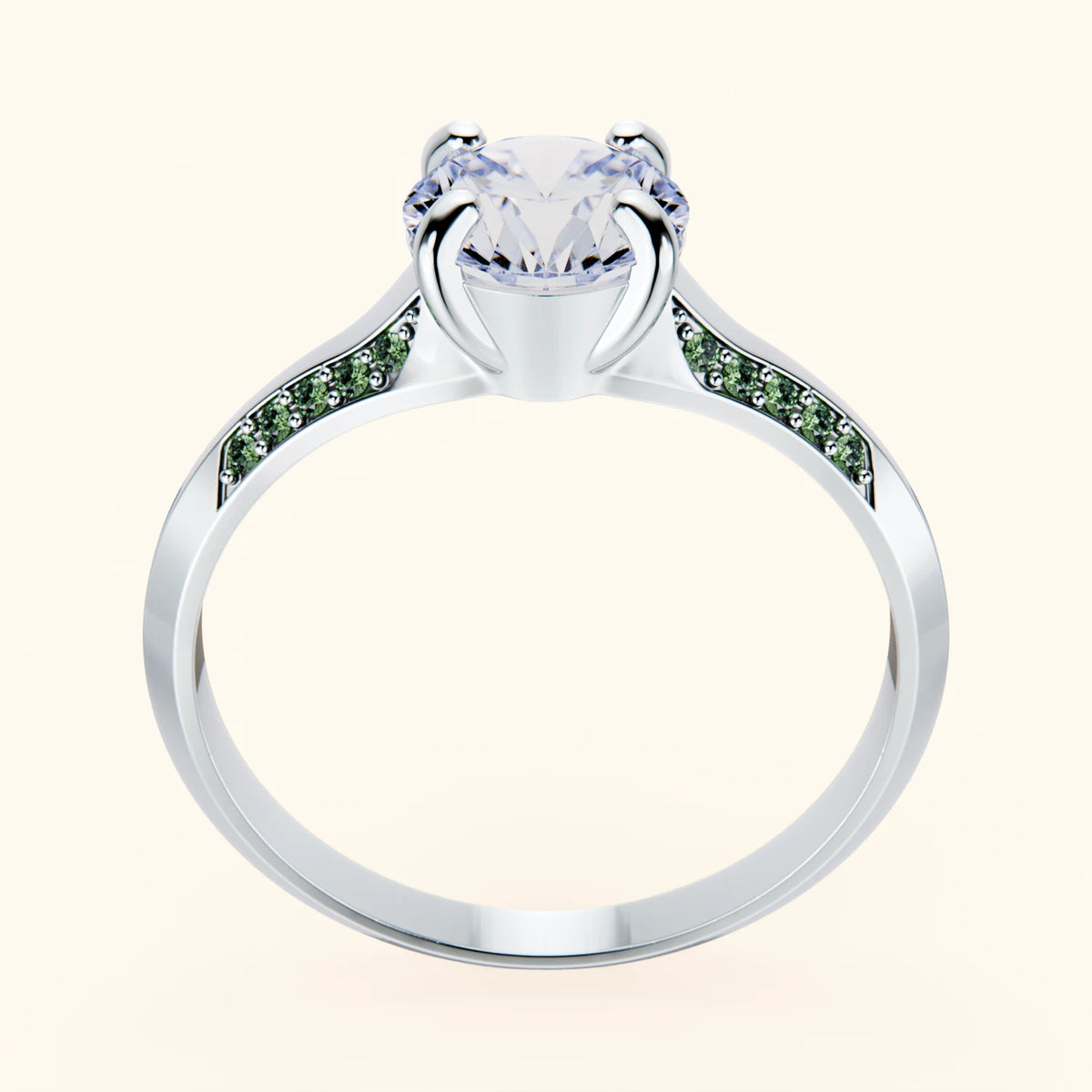 Engagement Ring Délié - 1ct Lab Diamond with Lab Green Diamond Side Stones
