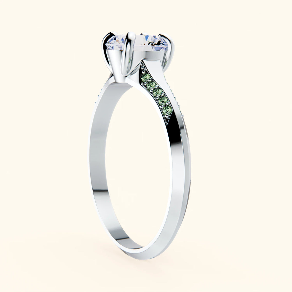 Engagement Ring Délié - 1ct Lab Diamond with Lab Green Diamond Side Stones