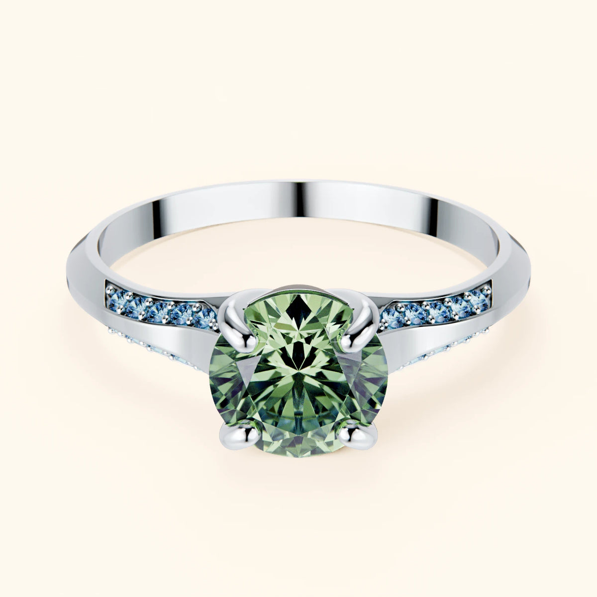 Engagement Ring Délié - 1ct Lab Green Diamond with Lab Blue Diamond Side Stones