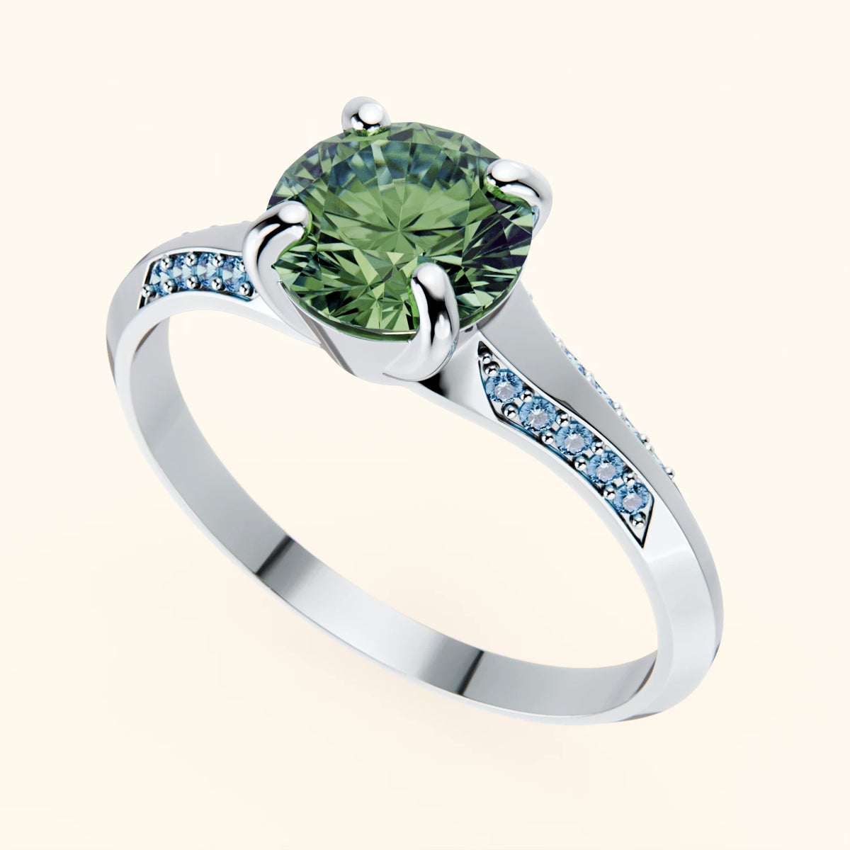 Engagement Ring Délié - 1ct Lab Green Diamond with Lab Blue Diamond Side Stones