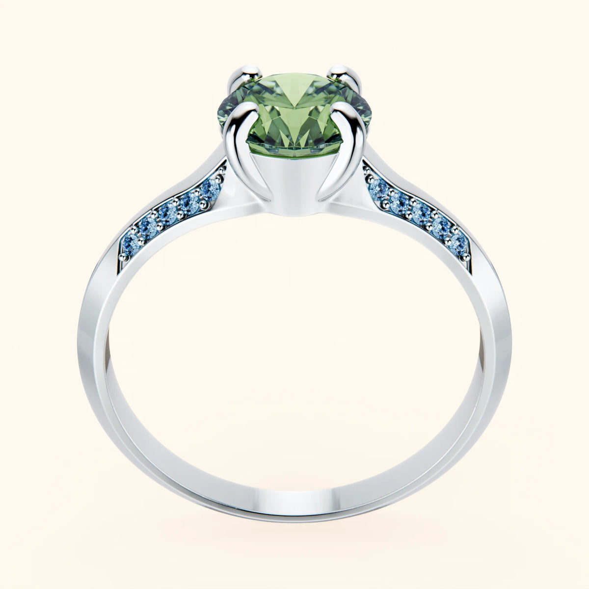 Engagement Ring Délié - 1ct Lab Green Diamond with Lab Blue Diamond Side Stones