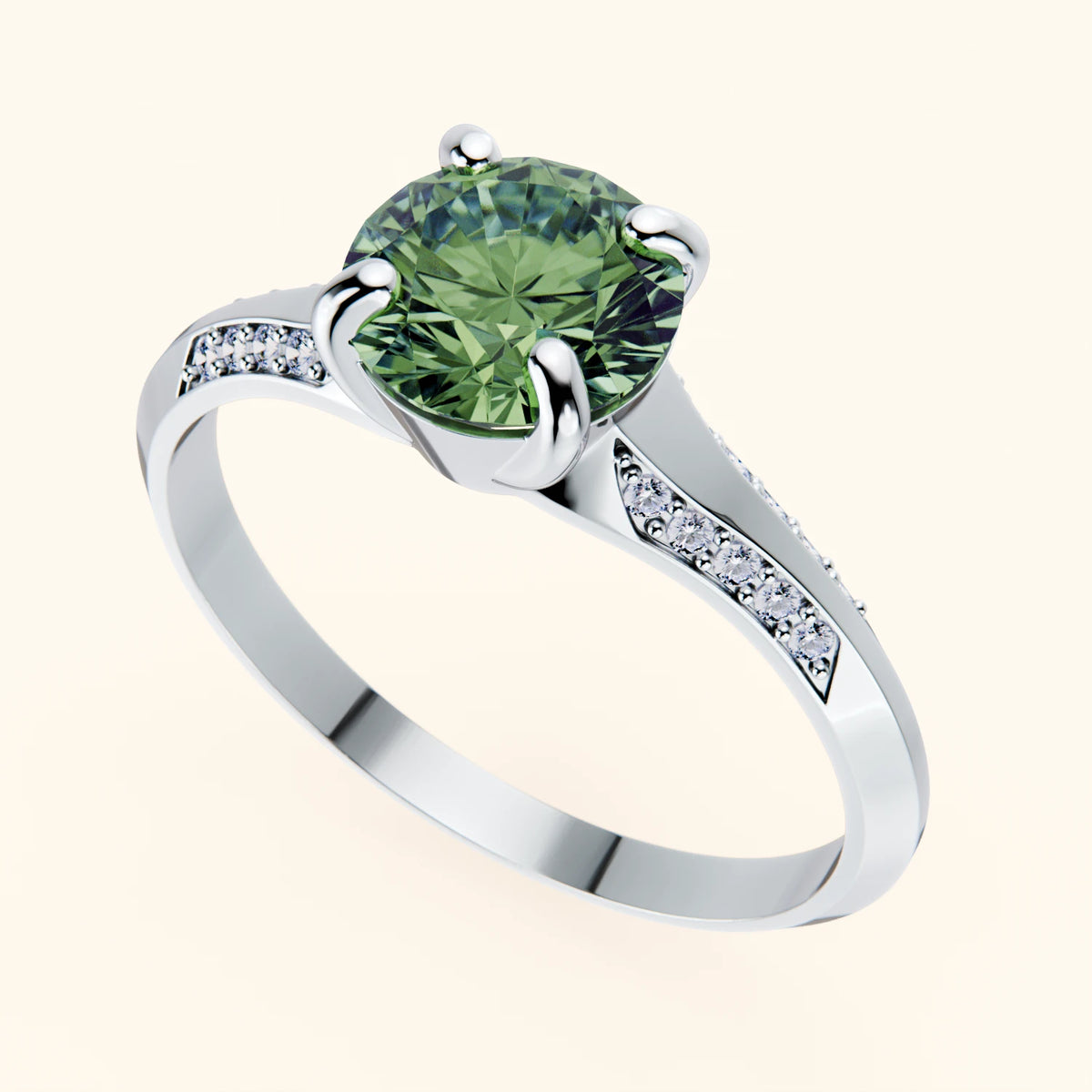 Engagement Ring Délié - 1ct Lab Green Diamond with Natural Diamond Side Stones