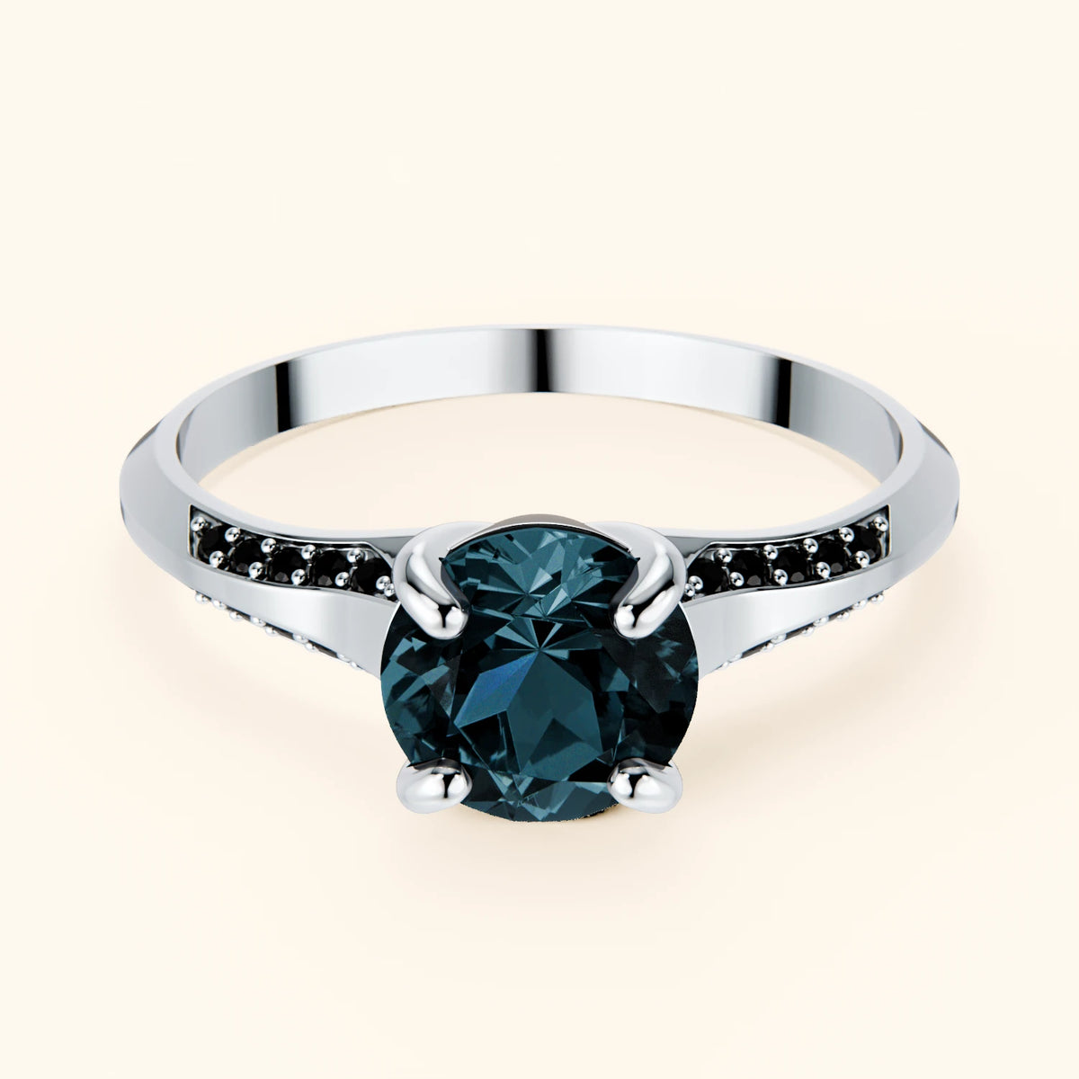 Pierścionek zaręczynowy Délié – Topaz London Blue 0,85 ct, kamienie boczne: czarny diament