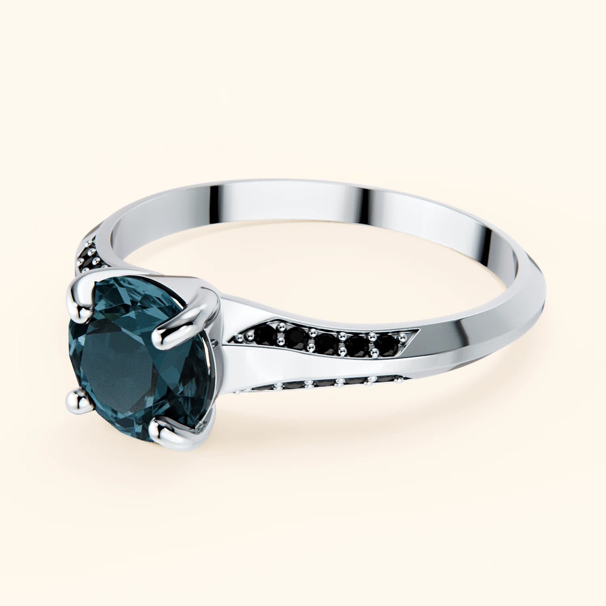 Pierścionek zaręczynowy Délié – Topaz London Blue 0,85 ct, kamienie boczne: czarny diament